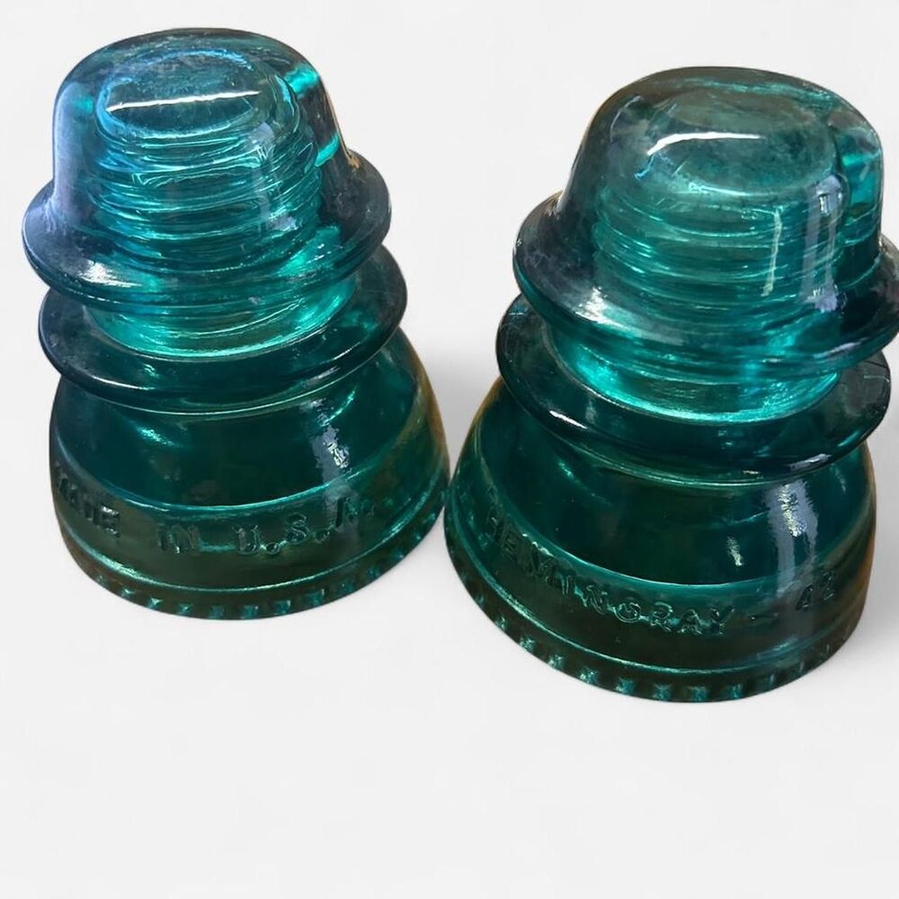 2 Vintage Beautiful Acqua Green Teal Glass Electrical Insulators Hemingray - 42